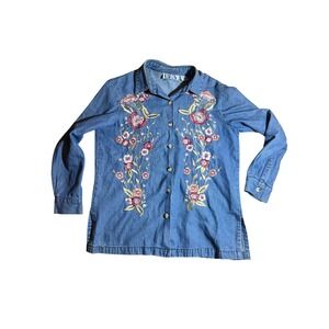 BFA Classics Denim Shirt Women's Petite Embroidered Floral Long Sleeve Button Up
